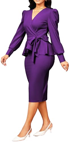 Image of Dresses for Women Elegant Long Sleeves Ruffles Pencil Knee Length Split Business Dress with Belt Zipper