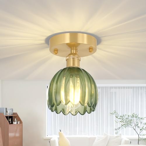 Shenmoyl Semi Flush Mount Vintage Lights - Gold Hallway & Porch, 4.72" Base Modern Ceiling Light Fixture, Green Tulip Glass, Bulb Included