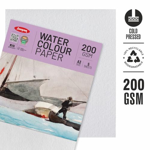 Image of Anupam Professional Watercolour Paper | A4 (30X21CM) 200 GSM Cold Pressed Paper |Acid-Free 10 Sheets| Ideal for Artist, Professional Drawing, Painting Dry & Wet, Fine Art, School, Students