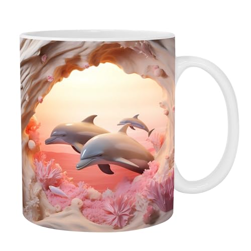 Genérico Taza de café 3D | Tazas lindas Taza de delfín pintada plana 3D Cerámica - Tazas de café Novedad taza de 11oz cerámica delfín decoración para los amantes del leche té