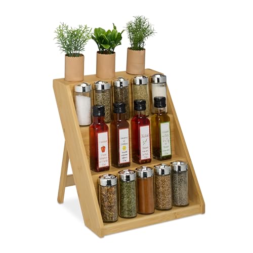 Relaxdays Gewürzregal, Bambus, H x B x T: 29,5 x 30 x 26 cm, 3 Etagen, Gewürztreppe stehend,...