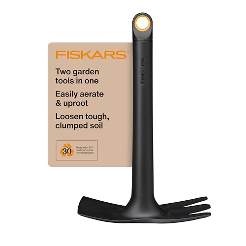 Fiskars Eco Cultivator Hoe with Dual-Function Design, Tapered Blade, Cultivator Tines, Ergonomic Handle, and UV-Resistant Build for Soil Care