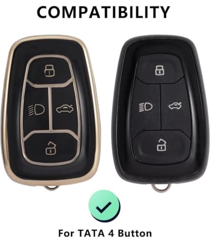 Image of TPU Car Key Cover Black & Golden Compatible for TATA Nexon, Punch, Altroz, Tigor, Harrier, Safari, Gravitas (TATA, 4 Button Push Smart Key)