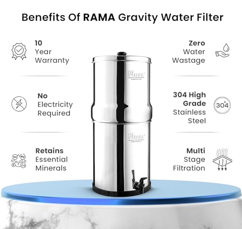 RAMA Gravity Water Filter | 24L Capacity (12L Storage) | 304 Stainless Steel Non Electric Water Purifier Filter for Home | Includes 4 Spirit 7" Ceramic Candles | 10-Year Warranty