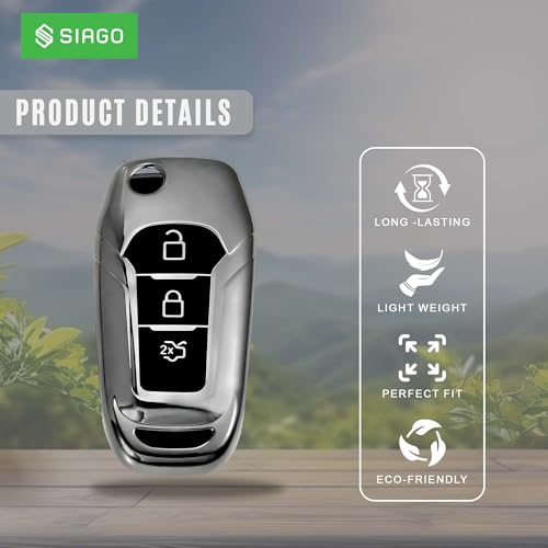 Image of SIAGO Premium TPU Car Key Cover and Metal Keychain Compatible with Endeavour, Figo Aspire, Freestyle 2017, 2018, 2019 3 Button Flip Key (Grey)