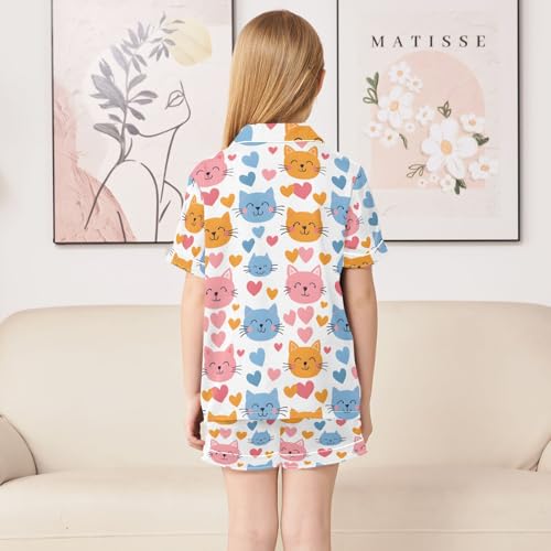 ALAZA Cartoon Cat Love Heart Pajamas Satin Pajama Set Short Sleeve Button Down Sleepwear4