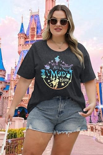 JULYCLO Plus Size Magic Shirt Loose Cute Princess Top We're All Mad Here Graphic T-Shirt for Women Funny Holiday Party Tee3