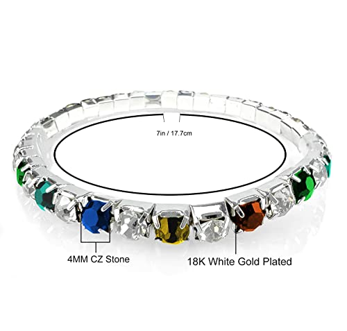 Orentini 18K White Gold Plated 7In Stretch Tennis Bracelet With 4Mm Round Multicolor Cubic Zirconia Inserts For Women, Girls, Kids #TOP3