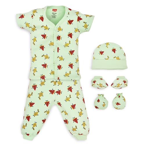 Image of LuvLap Newborn Baby Gift Set of 5 Items,Open Half Sleeves Jhabla Vest- Tshirt,Pajama Pants,Cap,Mittens and Socks,Cottony Soft,Skin Friendly,Baby Clothes Set 0-3 Months,Sea Green Fruits Print,Printed