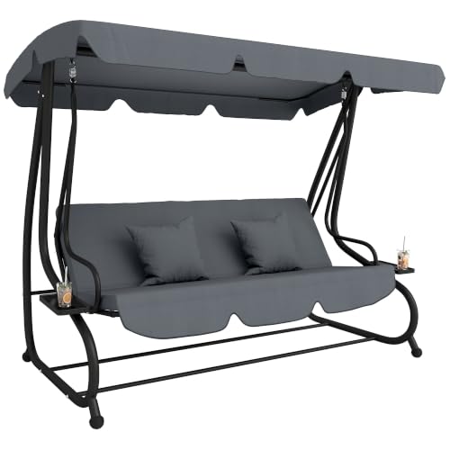 Outsunny Balancelle de Jardin 3 Places Convertible Toit Inclinaison réglable 2 tablettes Support 2L x 1,2l x 1,64H m métal époxy Noir Polyester Gris foncé