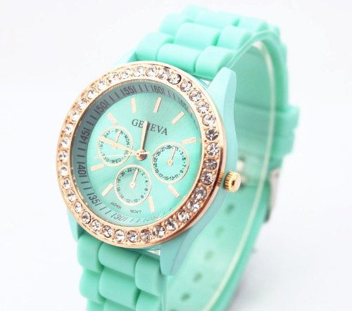 Fashion Base Green New Rose Gold Diamond Quartz Silicone Jelly Watch for Women Wedding Gift