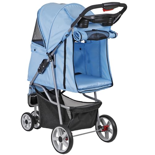 Foldable Pet Stroller for Cats and Dogs 3 Wheels Carrier Strolling Cart with Weather Cover, Storage Basket + Cup Holder (Blue)