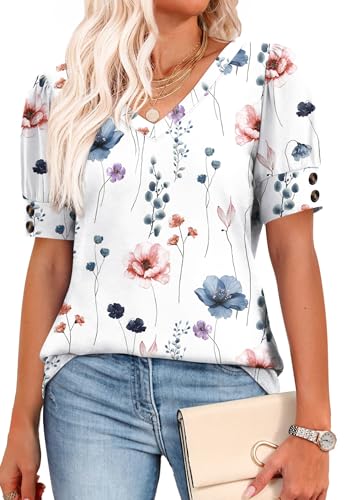 Image of OFEEFAN Womens Tops Short Sleeve Shirts Buttons V Neck Spring Fashion Summer Outfits Plus Size Blouses Dressy Casual
