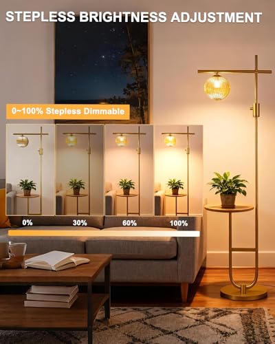 Image of Lightdot 66IN Gold Dimmable Floor Lamps with Table, Modern Standing Tall Lamp with Brown Globe Glass Shade, Cross-Shaped Head and U-Pole Base for Living Room /Sofa Beside /Corner Decor(Bulb Included)