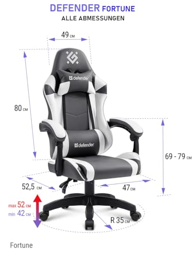 Defender® Gaming Stuhl, Ergonomischer PC Stuhl, bequemer Bürostuhl für Home Office oder Gamer-Sessel, Kopfkissen, Höhenverstellbar, Computerstuhl, Computersessel, Weiss-Grau