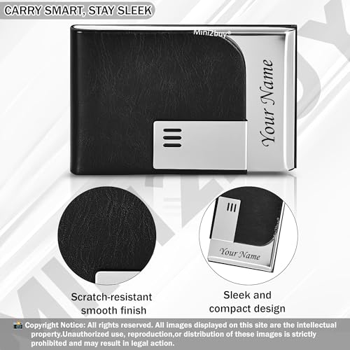 Image of Mini2buy Customized Unisex Vertical Card Holder Name Engraved for Credit|Debit|ATM|Business Visiting RFID Blocking Stainless Steel (1 x 10 x 6 cm) Personal Corporate Gift (Black)
