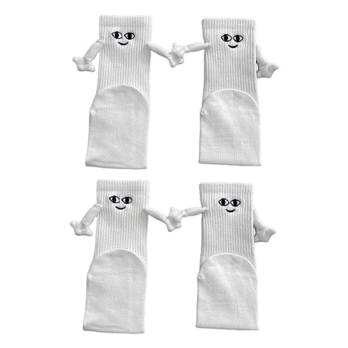 2 Paar Magnetische Hand in Hand Socken, Lustige 3D , Freundschaftssocken, Magnet, mittlere Röhre, süße mit Smiley-Gesicht, Geschenke für Unisex Frauen Männer ( Weiß)