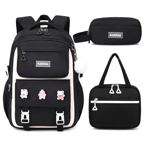 PIG PIG GIRL Mochila infantil leve para meninas, mochila escolar, mochila para livros para o ensino fundamental, Preto, 3 peças, 18.5 x 12.59 x 7.48 inches