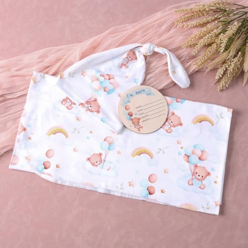 Image of Ylsteed Baby Swaddle Blanket and Headband Set, Newborn Receiving Blanket Swaddle Wrap for Girls and Boys, Swaddling Blankets Neutral for Newborn, Soft and Skin-Friendly 32 * 32 inches(Bear Pattern)