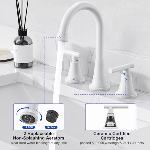 Image of Bathroom Faucet 3 Hole, White Faucets with Pop-up Drain and Supply Lines