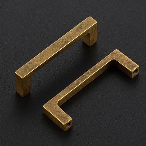Image of Ravinte Antique Brass Kitchen Cabinet Solid Handles,3 Inch,5 Pack | Solid Zinc Alloy, Modern Slim Style, Square Design, Deep-Thread Firm Base, Screws Included, for Kitchen Drawers & Cupboards