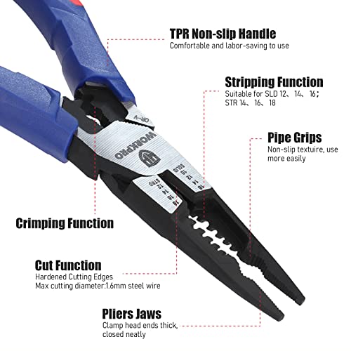 WORKPRO 6-in-1 Needle Nose Pliers, 8 Inch Multipurpose Long Nose Pliers with Wire Stripper/Crimper/Cutter Function, Premium Heavy-Duty CRV Steel Hand Tool Plier for Home, Crafts - Image 3
