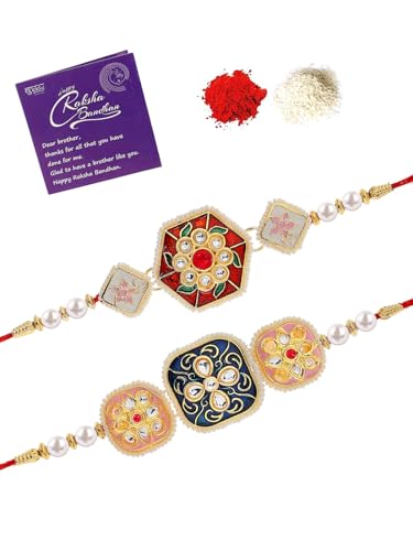 Image of Sukkhi Rakhi Traditional Kundan & Pearls Designer Meenakari Gold Plated Premium Rakhi for Brother With Roli Chawal & Greeting Card | Rakhi for Brother /Bhaiya /Bhai /Men|Rakhi Combo-Set of 2|CBRAK106942
