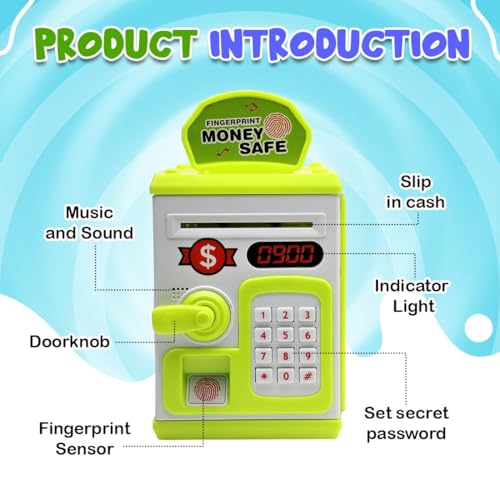 Image of Piggy Bank Toy for Kids and Adults - Gullak Money Safe with Number Password and Touch Sensor - Money Saving Mini ATM Toy with Lights and Sound (Green -White)