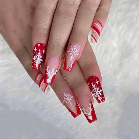 Christmas Nails Press on, Coffin Fake Nails Medium Full Cover Glossy 24 Pcs with Glue(Red Snowflake Reindeer) Cover