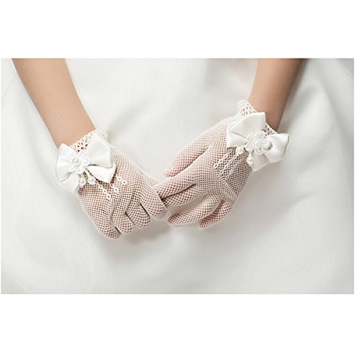 Unilove Flower Girl Gloves Lace Short Princess Gloves Tea Party Gloves For Little Girls Bow Tie Fish Net Gloves For Wedding (White) #TOP1