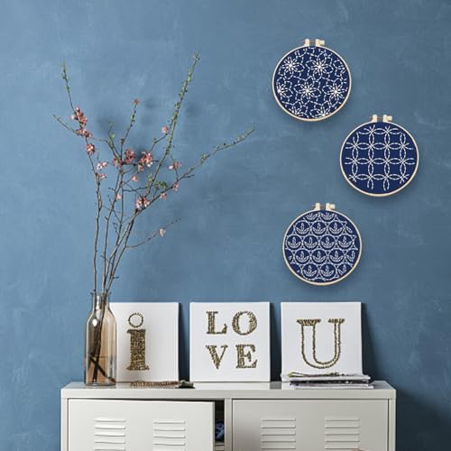 Image of FREEBLOSS 3 Set Sashiko Kit Sashiko Embroidery Kit Beginner Embroidery Kit Includes Embroidery Thread, Needles, Fabric and Hoop Embroidery Kits to Learn for Adults Wall Hanging Decor for Home
