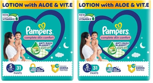 Image of Pampers Complete Skin Comfort Pants, Anti-rash blanket, Lotion with Vitamin E & Aloe Vera, Small size baby Diapers, (S) 30 Count, 4-8 kg (Pack of 2)