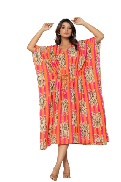 Women Tiger Print Kaftan Dresses Plus Size Swimsuit Coverup Tropical Tiger Print Kaftan Dress, V-Neck, Orange and Pink Stripes, Midi Length Summer Bathing Suit Caftan Loungewear Beach Dress