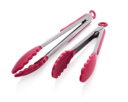 Oberhaus 9-Inch & 12-Inch Premium Red Silicone Tongs 2 Pack (Available Colors: Black, Red, Green, and Pink)