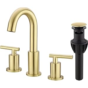 TRUSTMI 2 Handle 8 Inch Brass Bathroom Sink Faucet 3 Hole Widespread with Valve and cUPC Water Supply Hoses, with Overflow Pop Up Drain Assembly, Brushed Gold