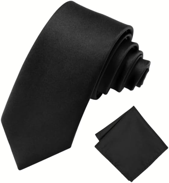 Men's Solid Micofiber Self Silk Formal/Casual Thin Tie Necktie with Pocket Square Set for Men