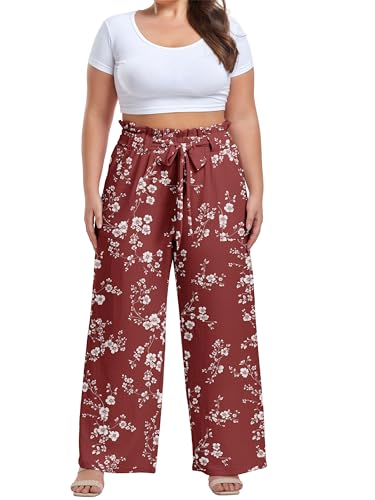 Image of OLRIK Women's Plus Size Pants Adjustable High Waisted Wide Leg Palazzo Pants Casual Trousers with Pockets Spring Clothes