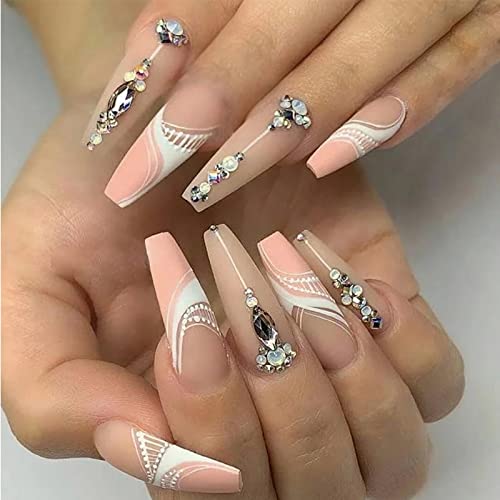Press on Nails Long with Rhinestone Designs, 24Pcs Coffin Long Fake Nails Full Cover Acrylic Press on Nails Delicate Glue on Nails Gradient Designer False Nails for Women Girls