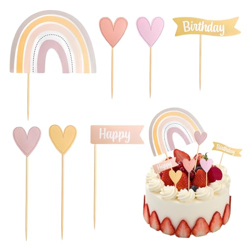 8 Piezas de Decoración para Tartas de Cumpleaños, Arco Iris CakeTopper Cupcake Toppers, Decoración de Tarta para Fiestas