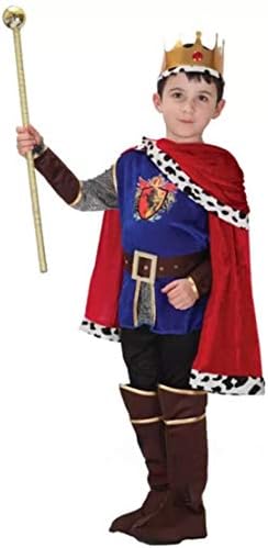 CbMoun Halloween Costume Boy Prince Royal (L) for 8/9/10 Yr Old Blue Crushed Velvet Tunic, Belt, Red Cape