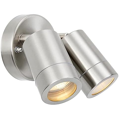 ENDON Palin Twin Outside Lights with Sensor - Outdoor Wall Lights - IP44 Rated Mains Powered Security Lights Spotlights - Brushed Stainless Steel Finish - Requires 2X 7W LED GU10 (Not Supplied) Cover