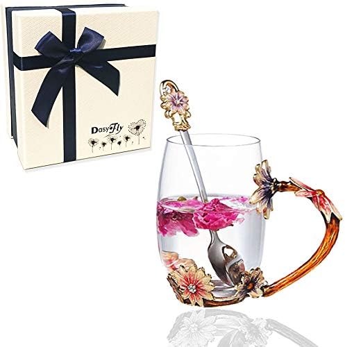 DasyFly Daisy Flower Tea Cup,Handmade Glass Enamel Coffee Mugs with Delicate Spoon and Gift Box, Perfect Ideas for Women, Wife, Mum, Girl, Teacher