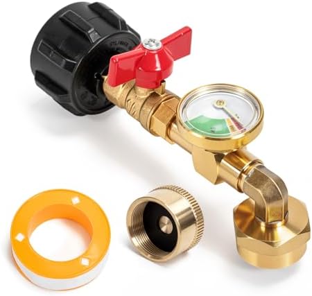 Propane Tank Adapter with Gauge, Propane Tank Connection Fitting, Perfect for BBQ and RV Camper, Solid Brass