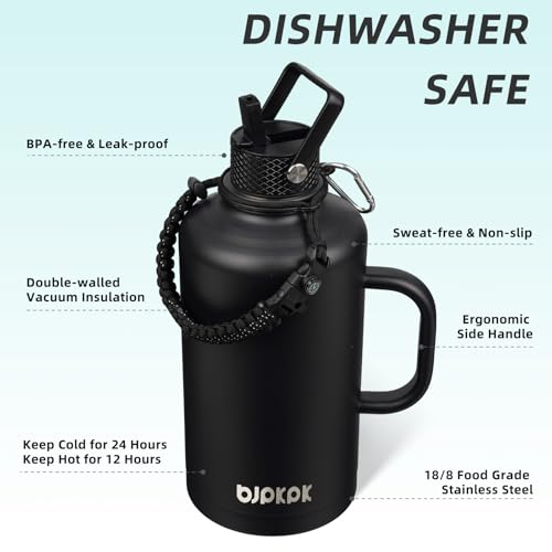 Image of BJPKPK 2 /3 Gallon Water Bottle Insulated with Straw Lid, 87oz Large, Stainless Steel Water Bottles with 3 Lids and Paracord Strap, Double Wall Vacuum Metal Water Jug,Black