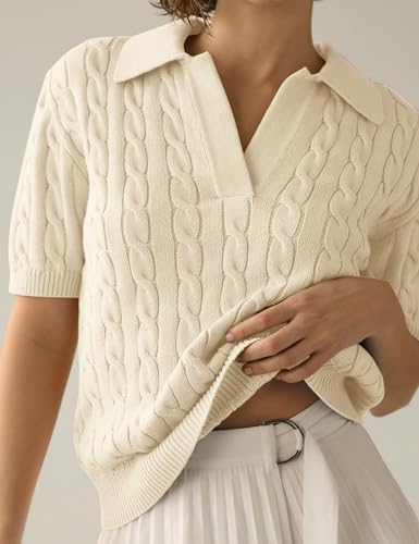 Image of BeautyNee Women's Short Sleeve Sweaters Tops Solid Lapel V Neck Cable Knit Polo Sweater Casual Soft Collared Pullover