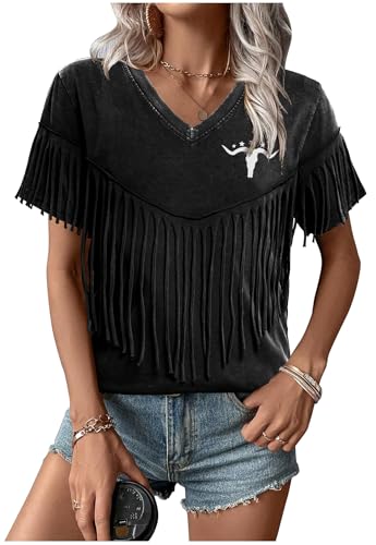 Western Vintage Shirt Cowgirl Outfit: Women Fringe Graphic Tees Rodeo Short Sleeve Tshirt Summer Vacation V Neck Tops2