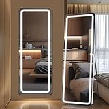 FURNIinspire Floor Mirror with LED Light, 63” x 20” Full Length Mirror with Stand, Full Body Mirror for Living Room Bedroom Cloakroom, Round White