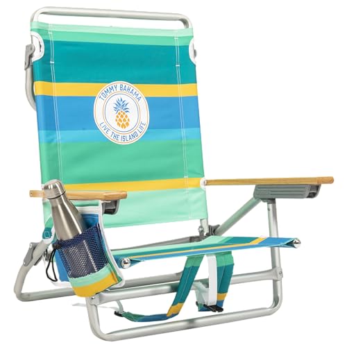 Tommy Bahama Mochila plana clássica de 5 posições para cadeira de praia com refrigerador e suporte de copo, cadeira de praia dobrável portátil para bronzeamento, listras de abacaxi