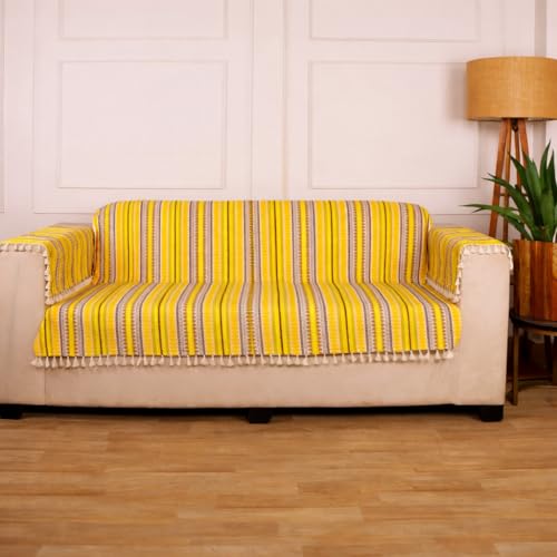Image of Gifts Island 3 Seater Cotton Sofa Cover Mat | Anti Slip Sofa Cover Throw | All Over Furniture Protector with Elastic Straps | Washable Couch Cover for Living Room (Yellow, 3 Seater)