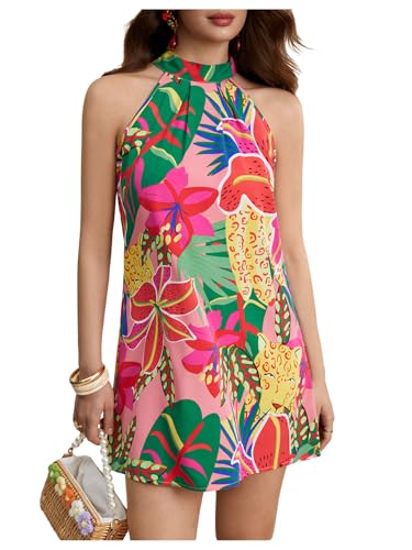 Image of Floerns Women's Sleeveless Floral Print Sundress Halter Neck A Line Short Dress